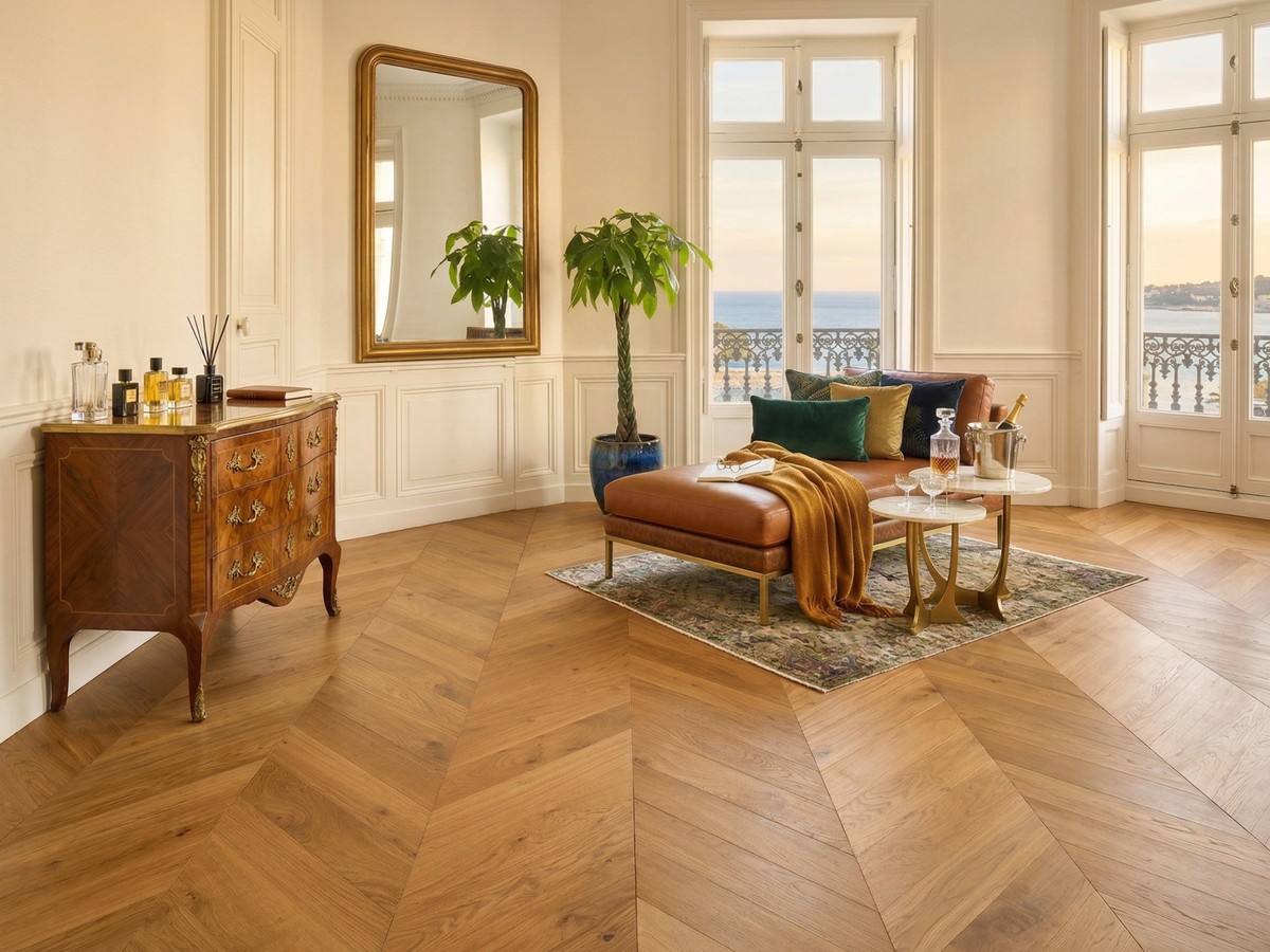 Warm chevron lounge with Riviera light