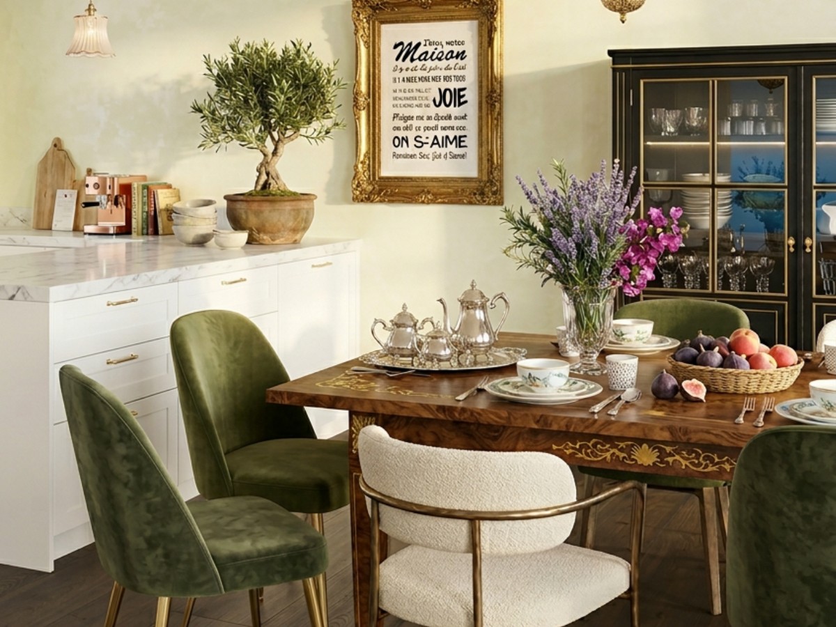 Luxury dining room with dark plank floor