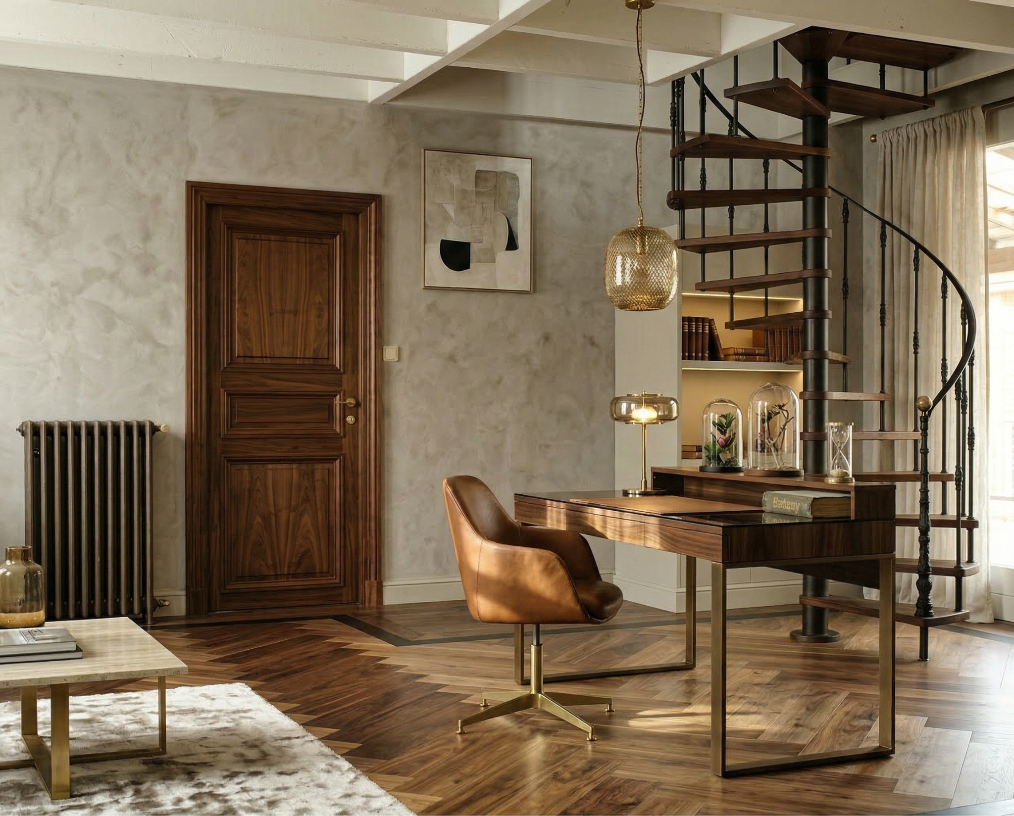 Dark herringbone office interior with tailored luxury mood