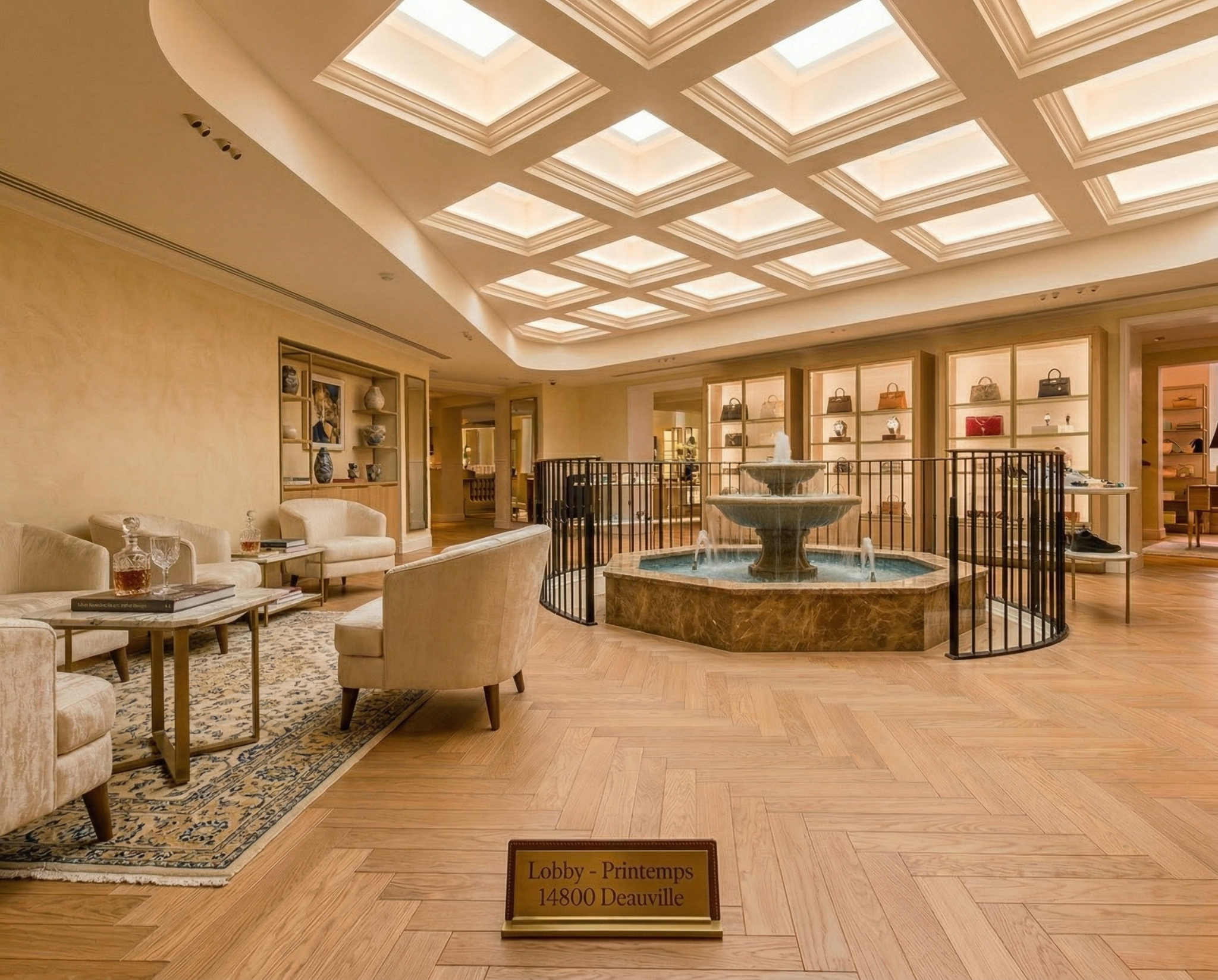 Refined interior with pale herringbone flooring